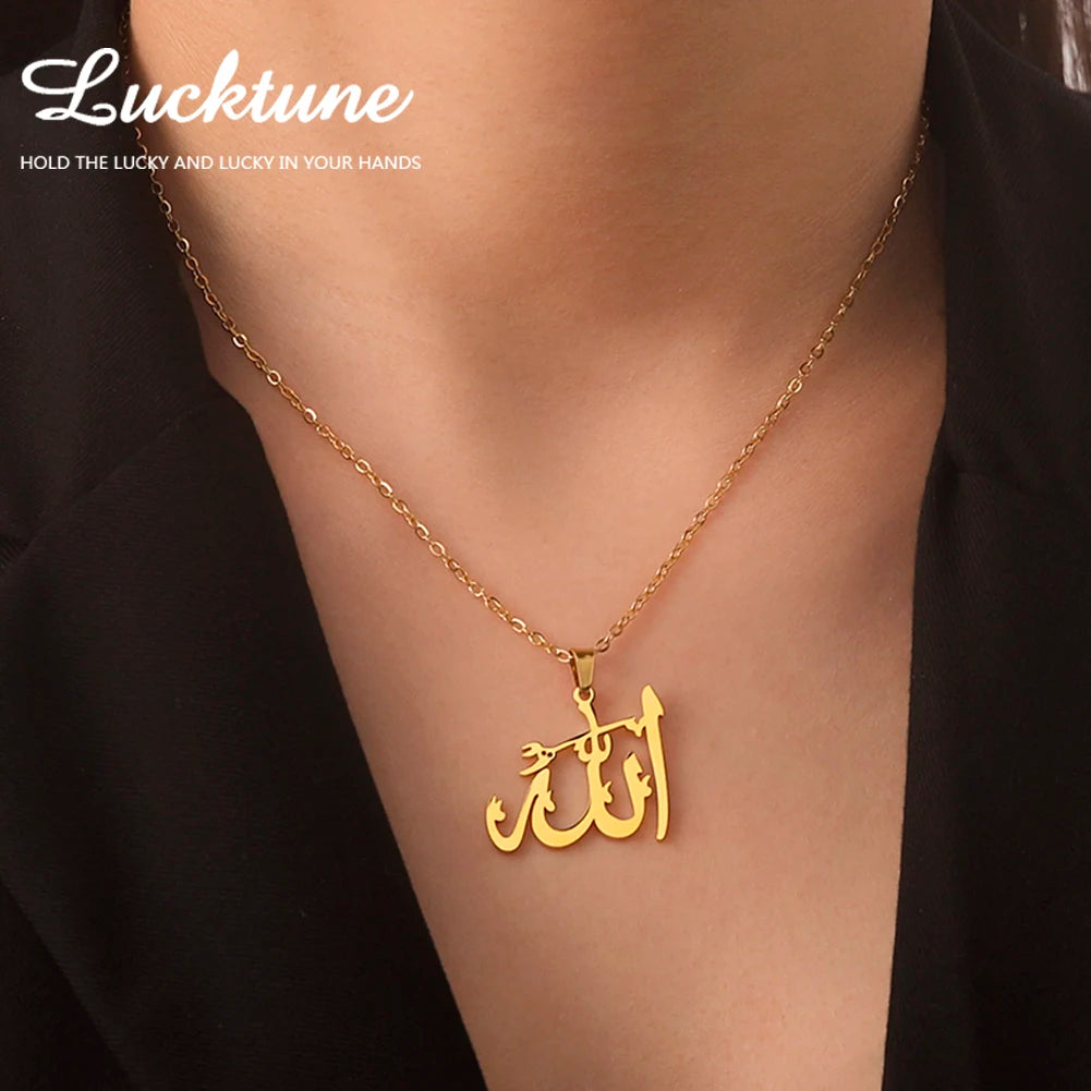 "SPECIAL RAMADAN" Lucktune-Collier pendentif Dieu arabe Allah Collier de chaîne islamique musulman en acier inoxydable pour hommes et femmes Cadeau de bijoux classiques