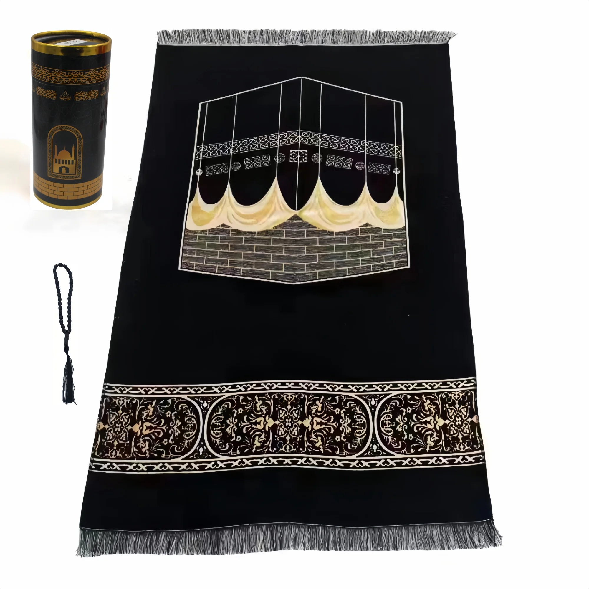 "SPECIAL RAMADAN" Muslim Prayer Rug and Prayer Beads with Gift Box; Muslim Prayer Rug and Prayer Beads with Elegant Design Cylinder Gift Box Soft Islamic Gifts Set Carpet Mat Black