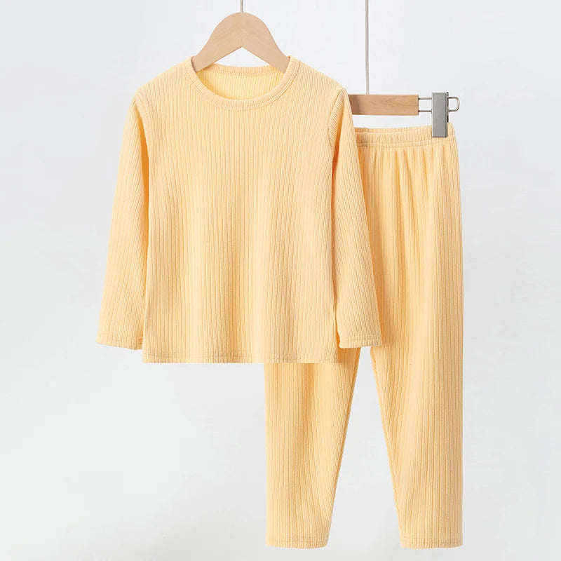 2-Piece Autumn/Winter Children's 5-color Pit Stripe Thermal Underwear Set Boys' Versatile Home Clothes Girls' Sweet Sleepwear
