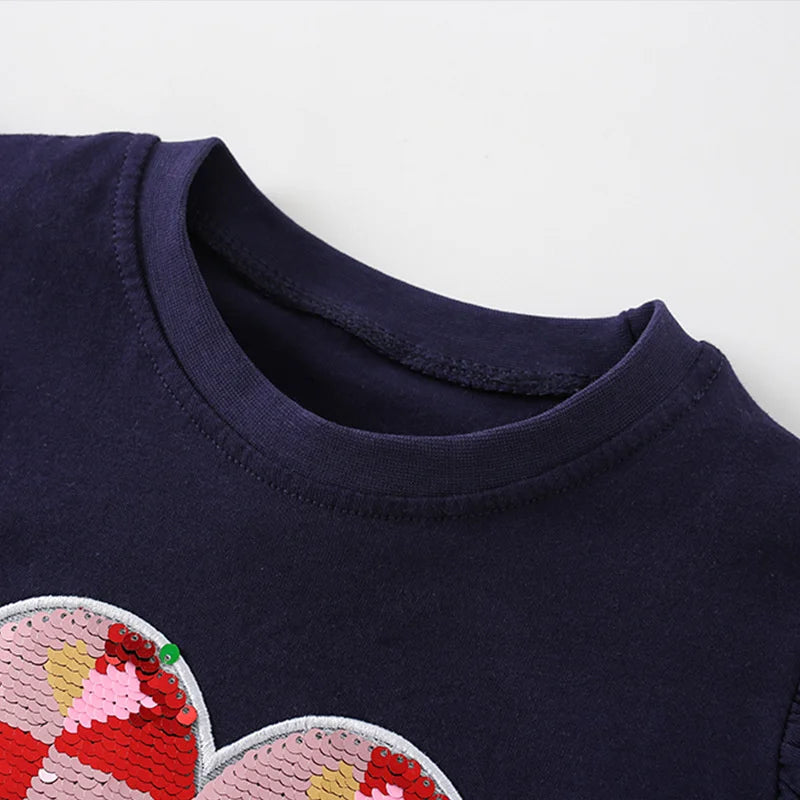 Jumping Meters 2-7T Hearts Beading Girls Tops Hot Selling Cotton Summer Girls Tshirts Baby Clothes Children's Tees Costume