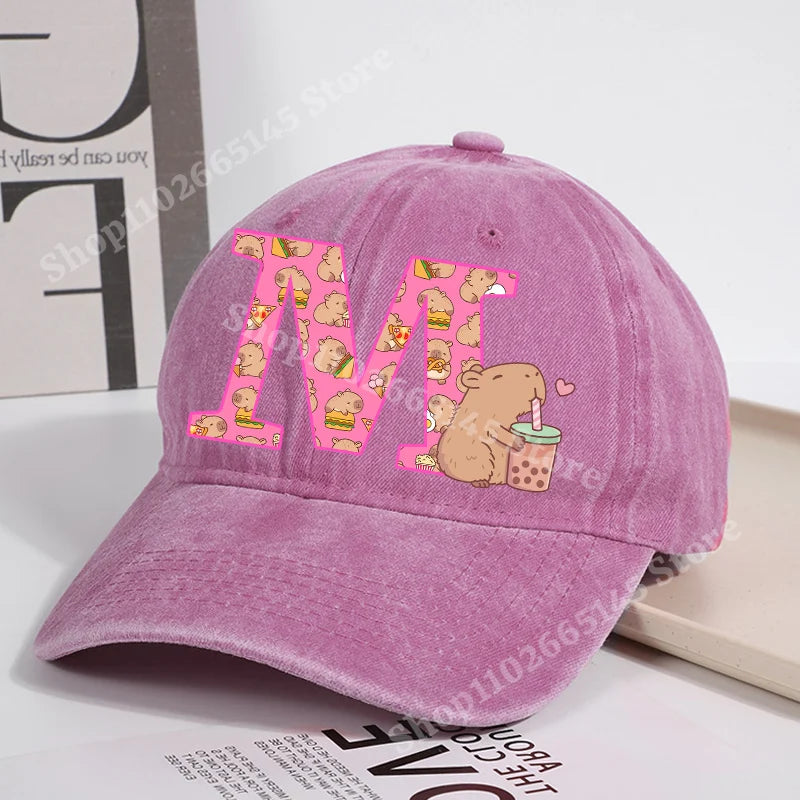 Capibara Baseball Cap for Women New Cute Capybara Letter A-Z Sun Hat Outdoor Sport Travel Sunbonnet Adult Fashion Headgear Gift