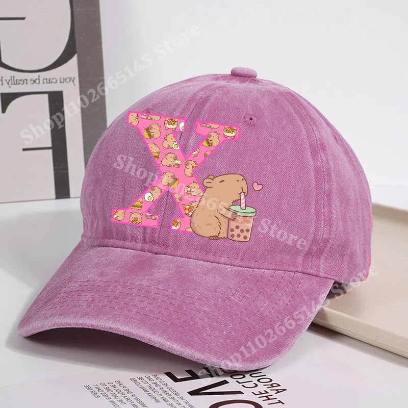 Capibara Baseball Cap for Women New Cute Capybara Letter A-Z Sun Hat Outdoor Sport Travel Sunbonnet Adult Fashion Headgear Gift
