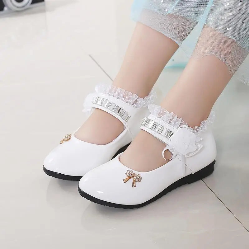 Kid Shoe 2023 New Flower Girl Shoe Spring Autumn Princess Lace PU Leather Shoe Cute Bowknot Rhinestone for3-11 Ages Toddler Shoe