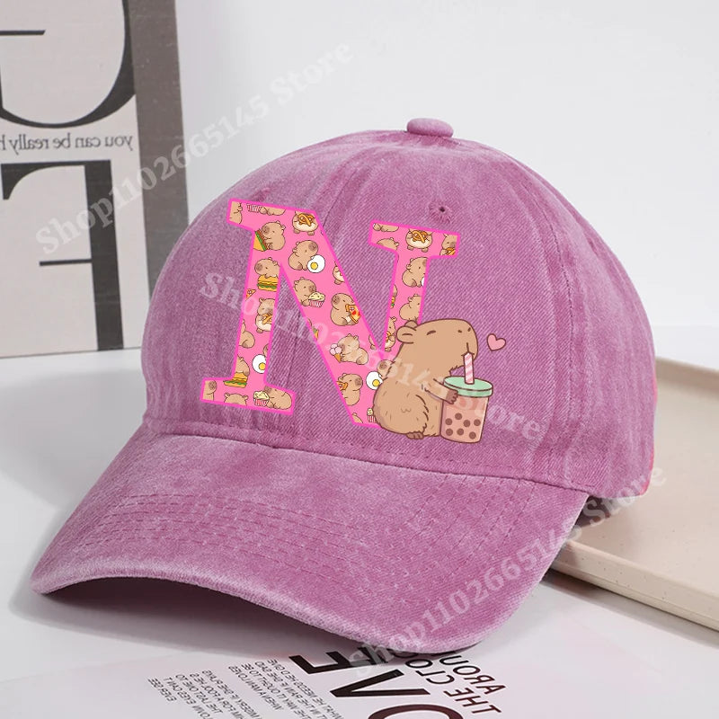 Capibara Baseball Cap for Women New Cute Capybara Letter A-Z Sun Hat Outdoor Sport Travel Sunbonnet Adult Fashion Headgear Gift