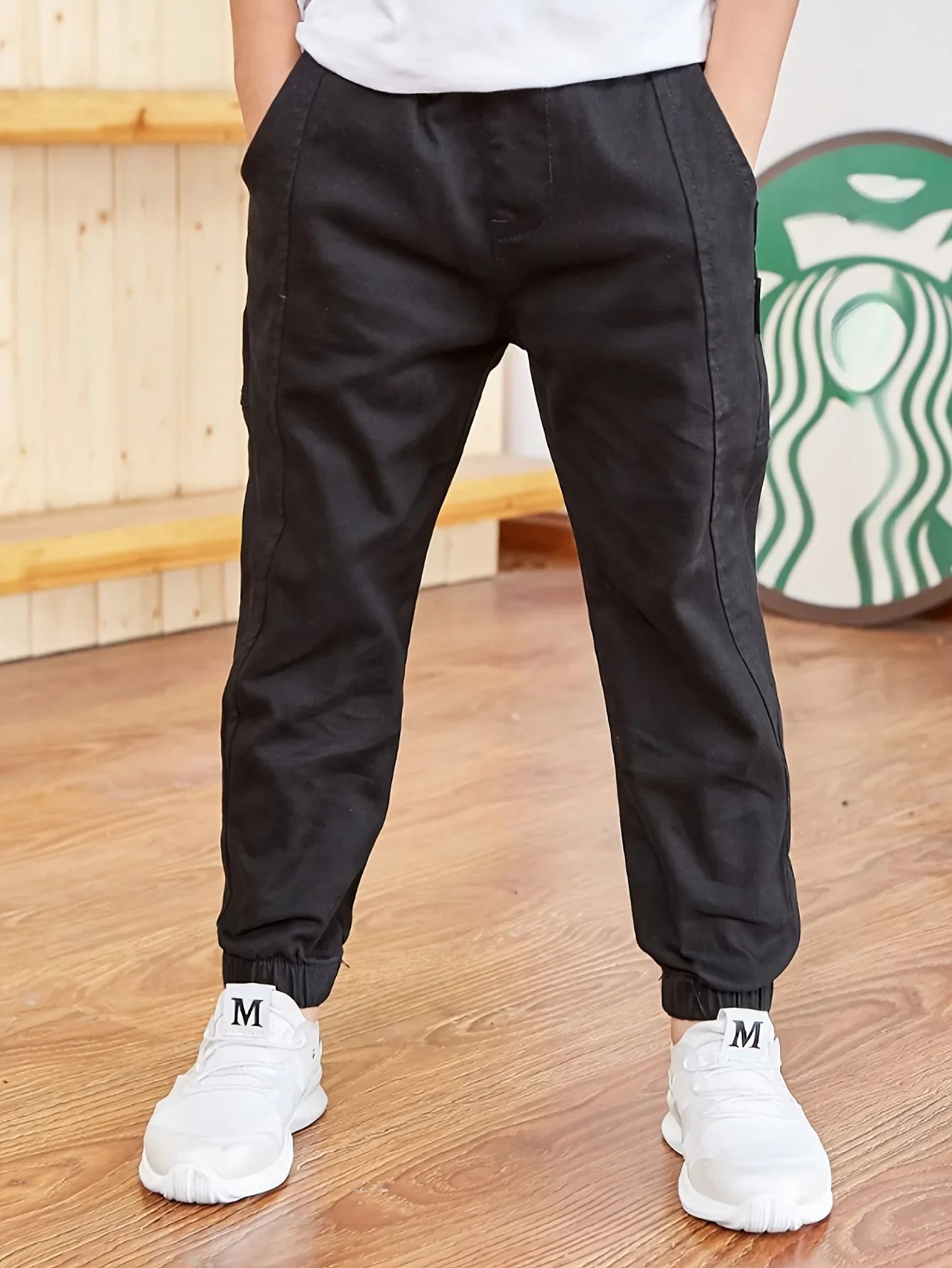 Boy's Stylish Solid Color Jogger Pants Elastic Waist Outdoor Casual Cargo Jogger Trousers
