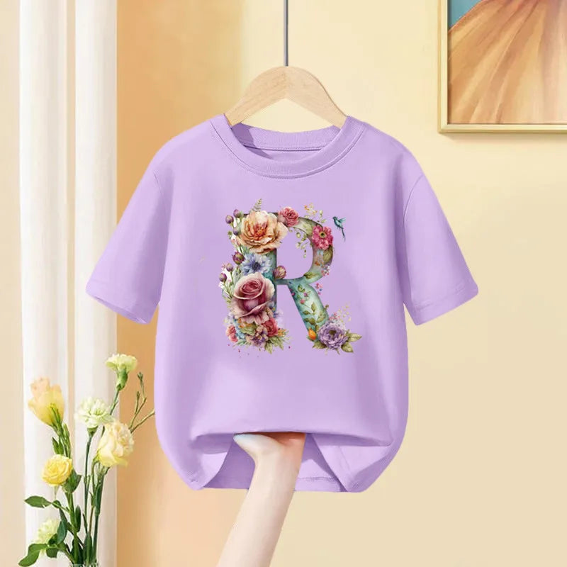 Girls T-Shirt 26 English Letter A B C D Children Fashion Flower T Shirt Kids  Custom Name Letter Summer Purple Clothes