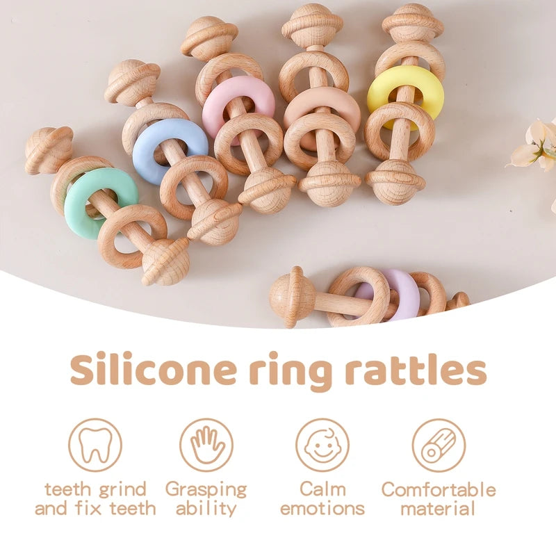 "JOUET" Jouet pour bébé hochet en bois anneaux de dentition en Silicone pour bébé 0 à 12 mois