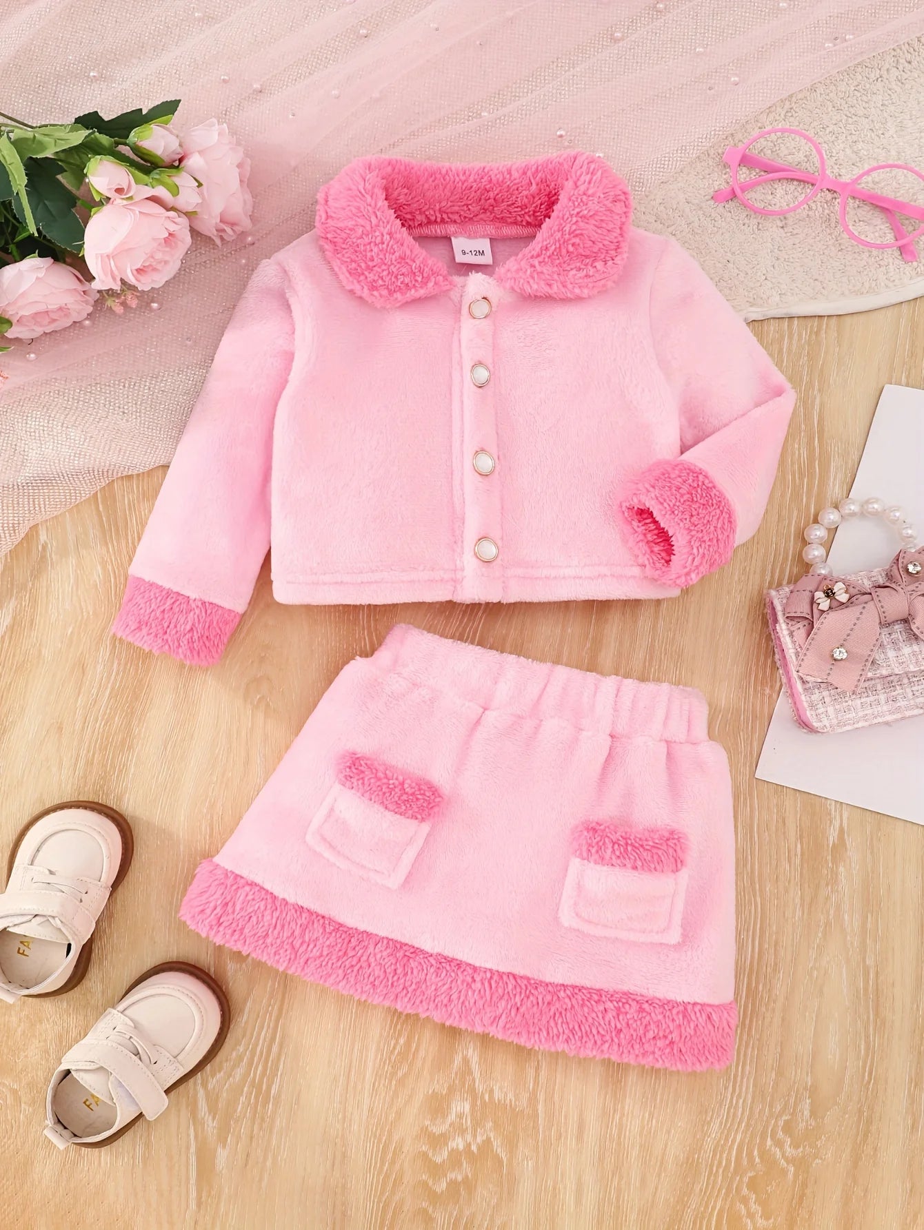 JapaneseKorean Style Pink Splicing Fluffy Small Fragrant Wind Long Sleeve Skirt Suit Fabric Comfortable Soft Warm Go Out To Wear