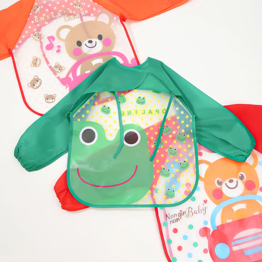 "ACCESSORY" Waterproof EVA baby bib for ages 0-3 years, with straps and long sleeves, 0-3 Years Baby EVA Waterproof Anti-dirty Bib Long Sleeve Strap Coat Dirt Proof Soft Feeding Bib Cute Cartoon Pattern Burp C
