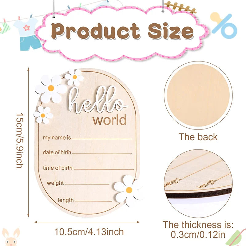 Baby Announcement Sign, 5.91x4.13 Inch Wooden Newborn Announcement Sign Hello World Newborn Sign