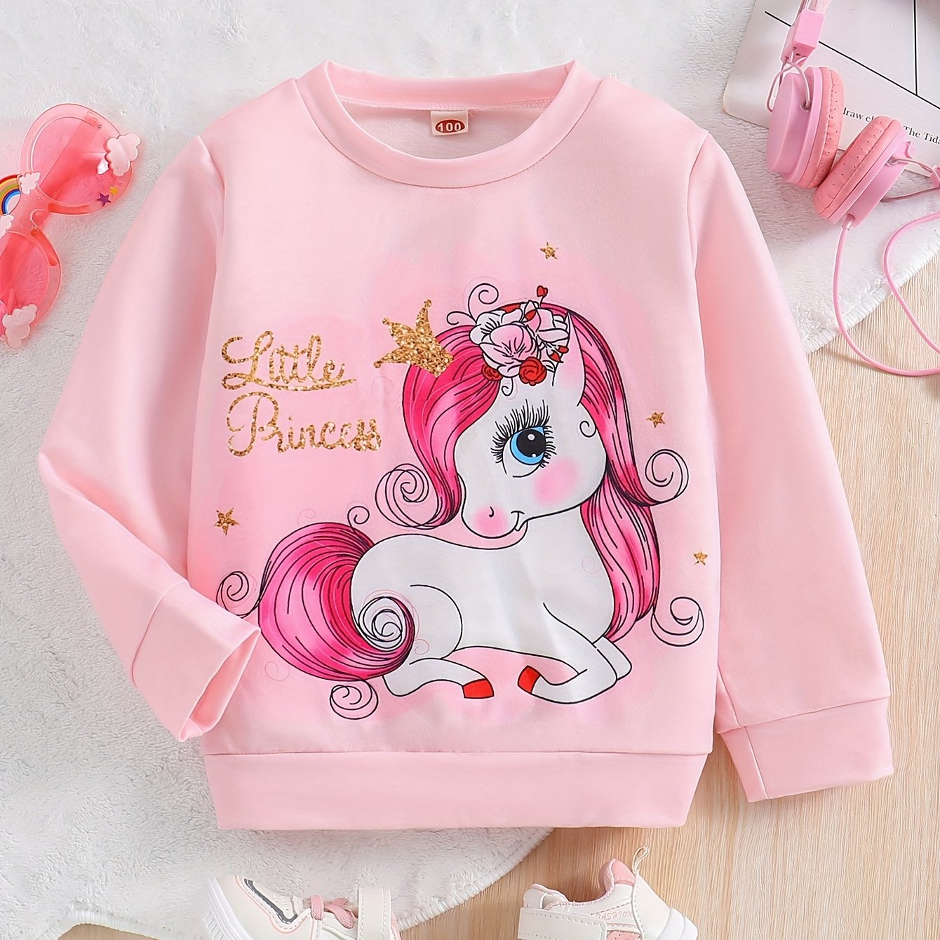Cute Pony Princess Pattern Girls Pullover Long Sleeve Trendy Sweatshirt For Children Kids, Fall/ Winter/ Spring