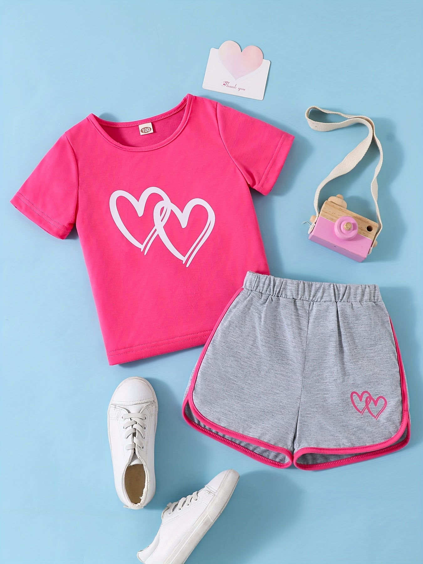 Buy 1 Get 1 Free, total of 2 pcs Adorable Toddler Girls' Heart Graphic Tees - Casual Round Neck, Contrast Binding, Breathable Fabric, Comfortable Fit - Summer Outfit, Track Shorts, Kids' Wardrobe Essential