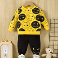 Trendy Happy Face Print Toddler Boy Sweatshirt and Jogger Set, Long Sleeve Fall Winter Kids Tracksuit
