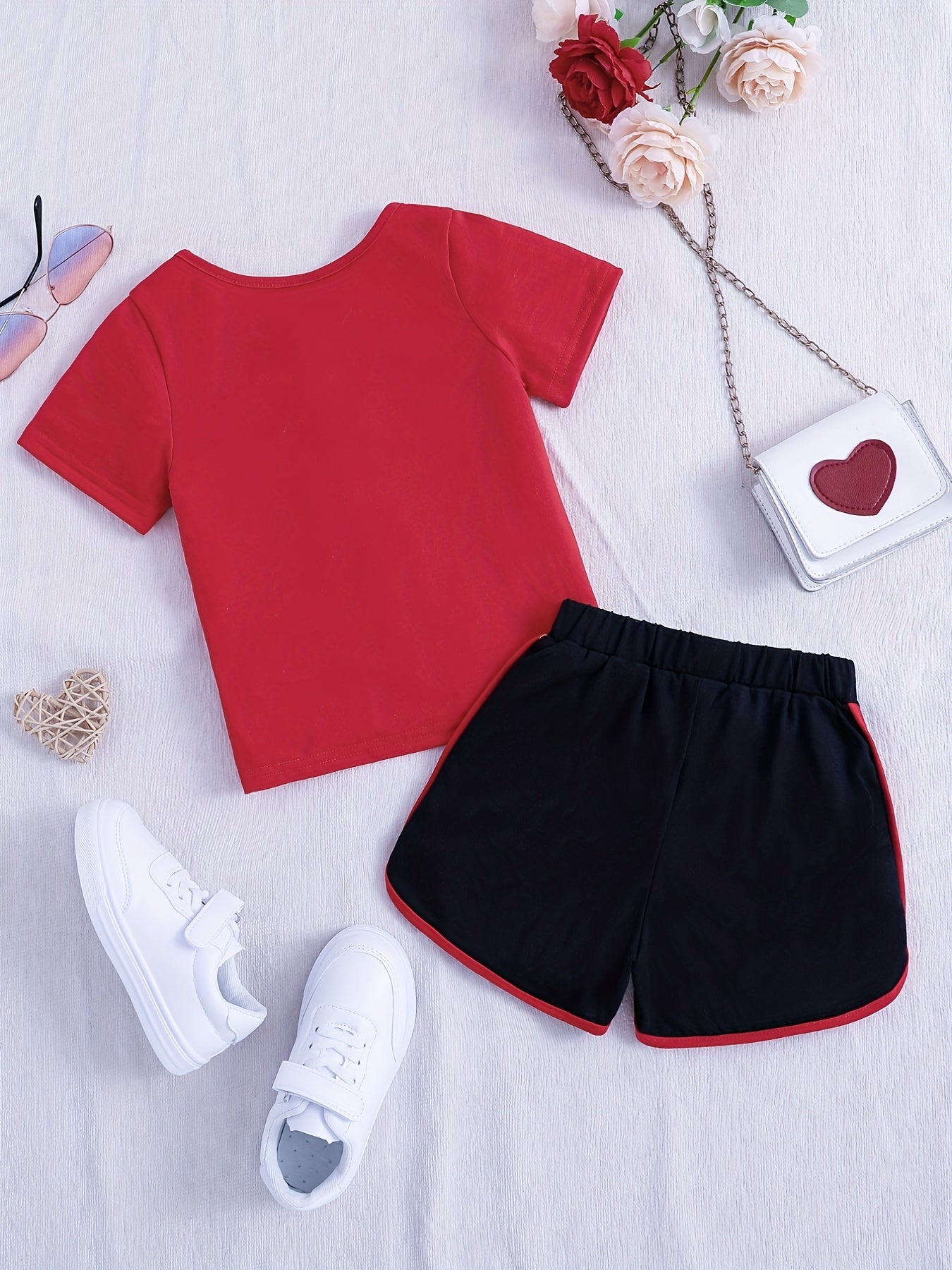 Buy 1 Get 1 Free, total of 2 pcs Adorable Toddler Girls' Heart Graphic Tees - Casual Round Neck, Contrast Binding, Breathable Fabric, Comfortable Fit - Summer Outfit, Track Shorts, Kids' Wardrobe Essential