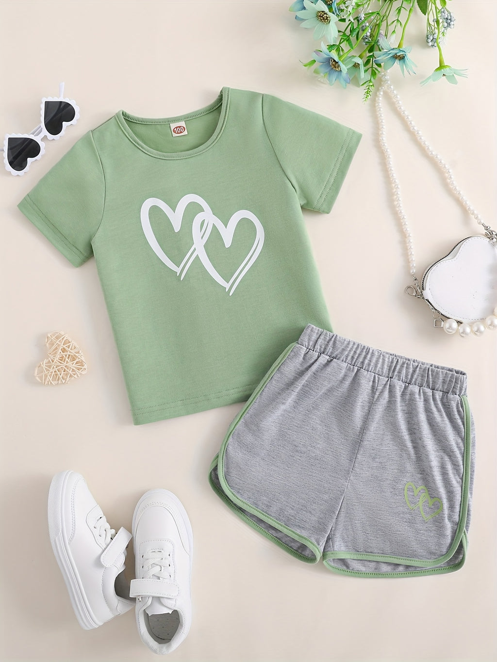 Buy 1 Get 1 Free, total of 2 pcs Adorable Toddler Girls' Heart Graphic Tees - Casual Round Neck, Contrast Binding, Breathable Fabric, Comfortable Fit - Summer Outfit, Track Shorts, Kids' Wardrobe Essential