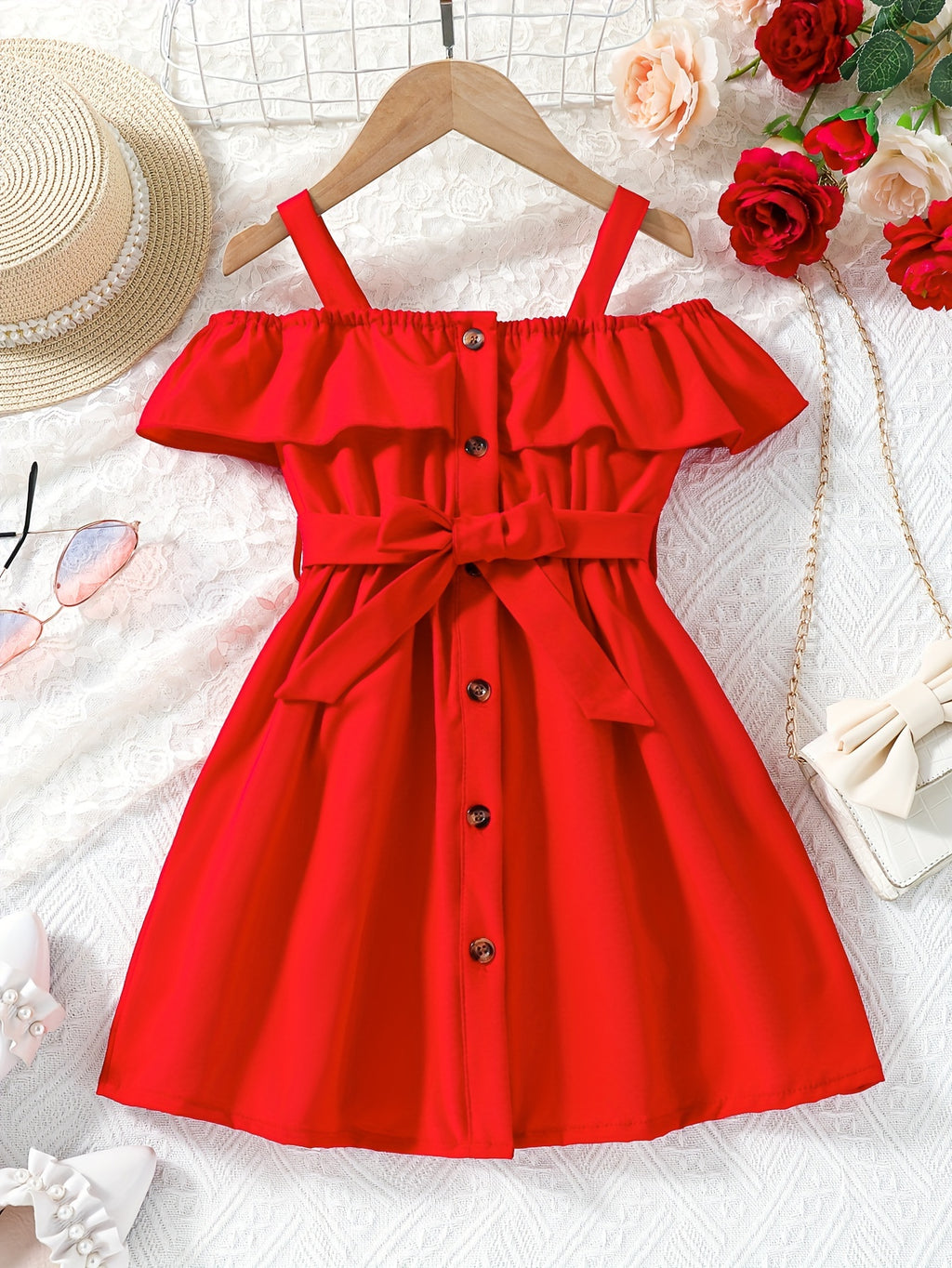 Toddler Girls Ruffle Trim Cold Shoulder Button Belted Princess Dress For Party Beach Vacation Kids Summer Clothes