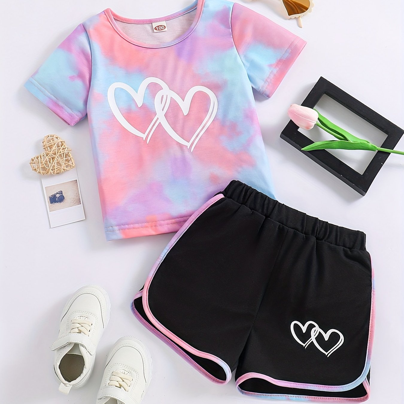 Buy 1 Get 1 Free, total of 2 pcs Adorable Toddler Girls' Heart Graphic Tees - Casual Round Neck, Contrast Binding, Breathable Fabric, Comfortable Fit - Summer Outfit, Track Shorts, Kids' Wardrobe Essential