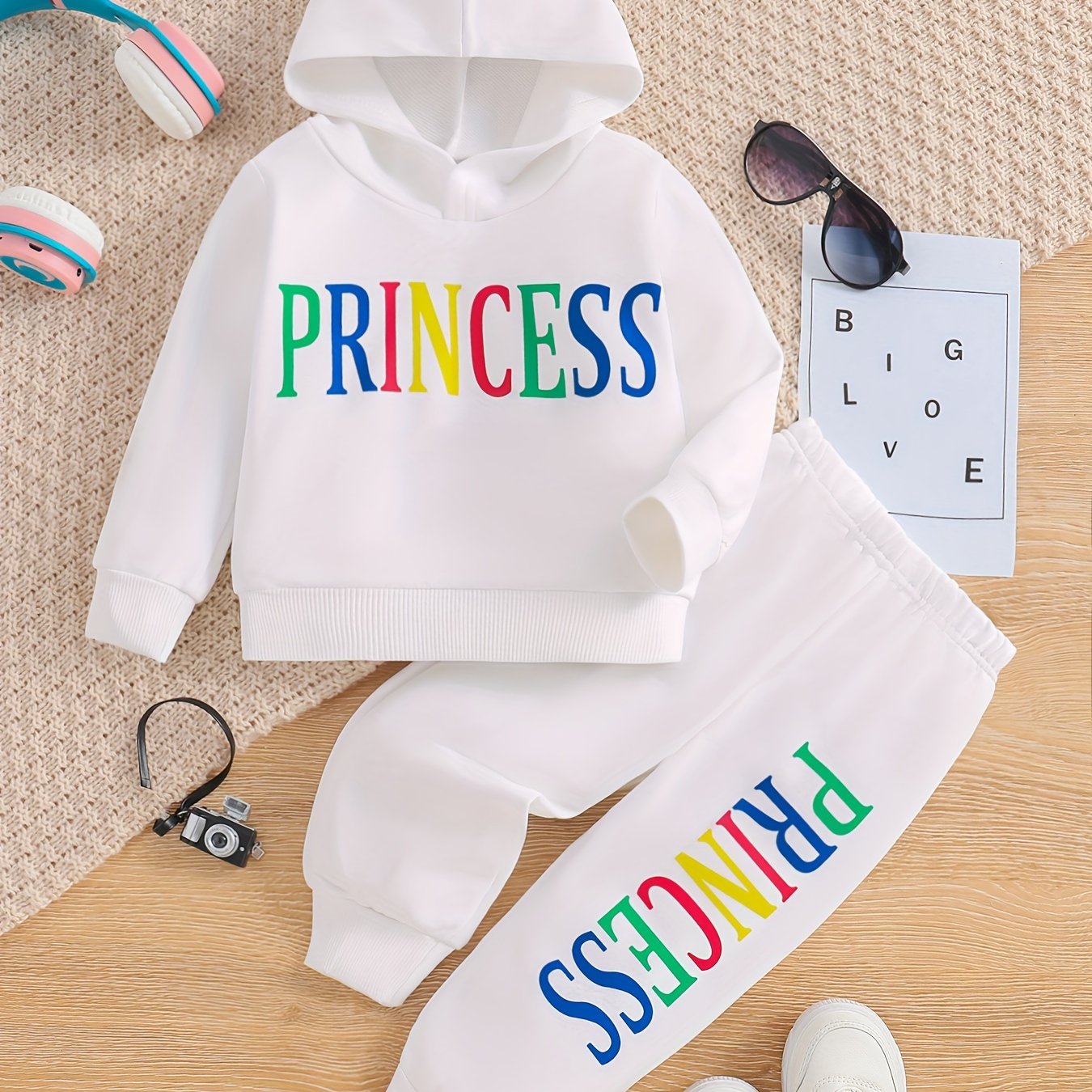 Kids' Princess Alphabet Print Hoodie and Pants Set, Casual Spring/Fall Outfit, Long Sleeve Knitwear with Slight Stretch, Polyester 95% Elastane 5% - Regular Fit, for Outdoor