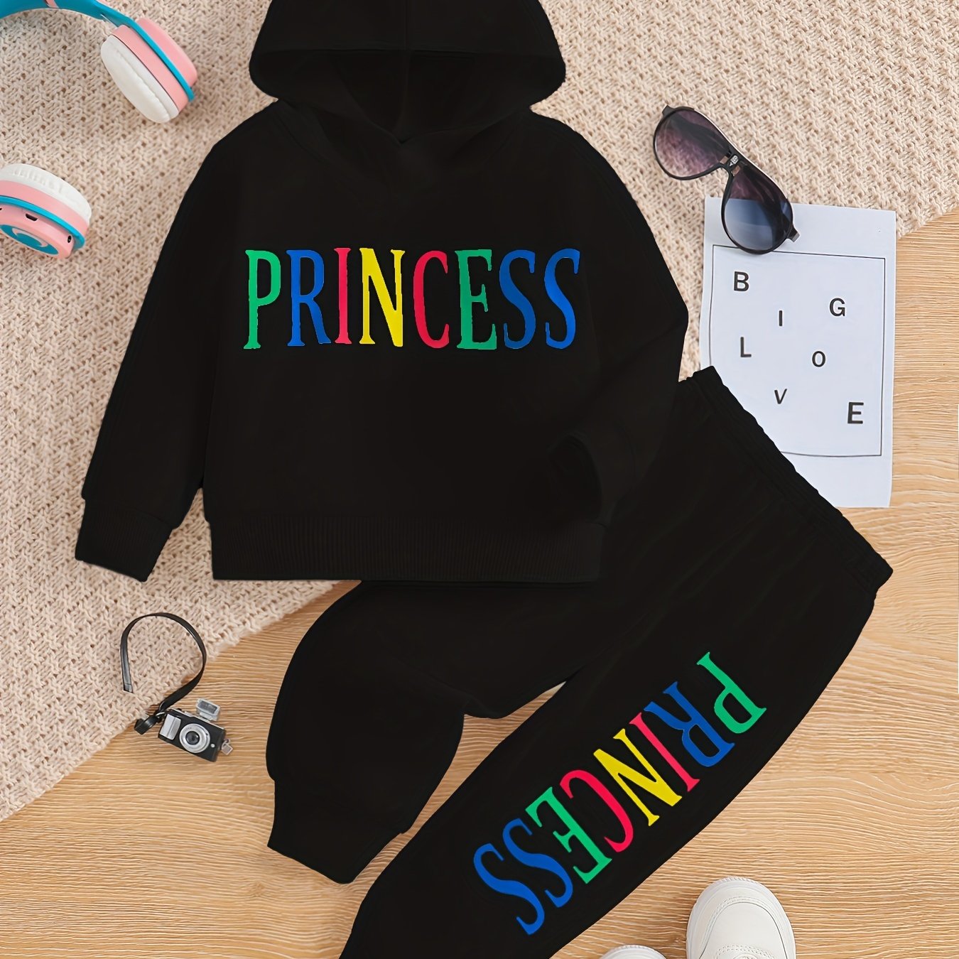 Kids' Princess Alphabet Print Hoodie and Pants Set, Casual Spring/Fall Outfit, Long Sleeve Knitwear with Slight Stretch, Polyester 95% Elastane 5% - Regular Fit, for Outdoor