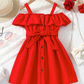 Toddler Girls Ruffle Trim Cold Shoulder Button Belted Princess Dress For Party Beach Vacation Kids Summer Clothes