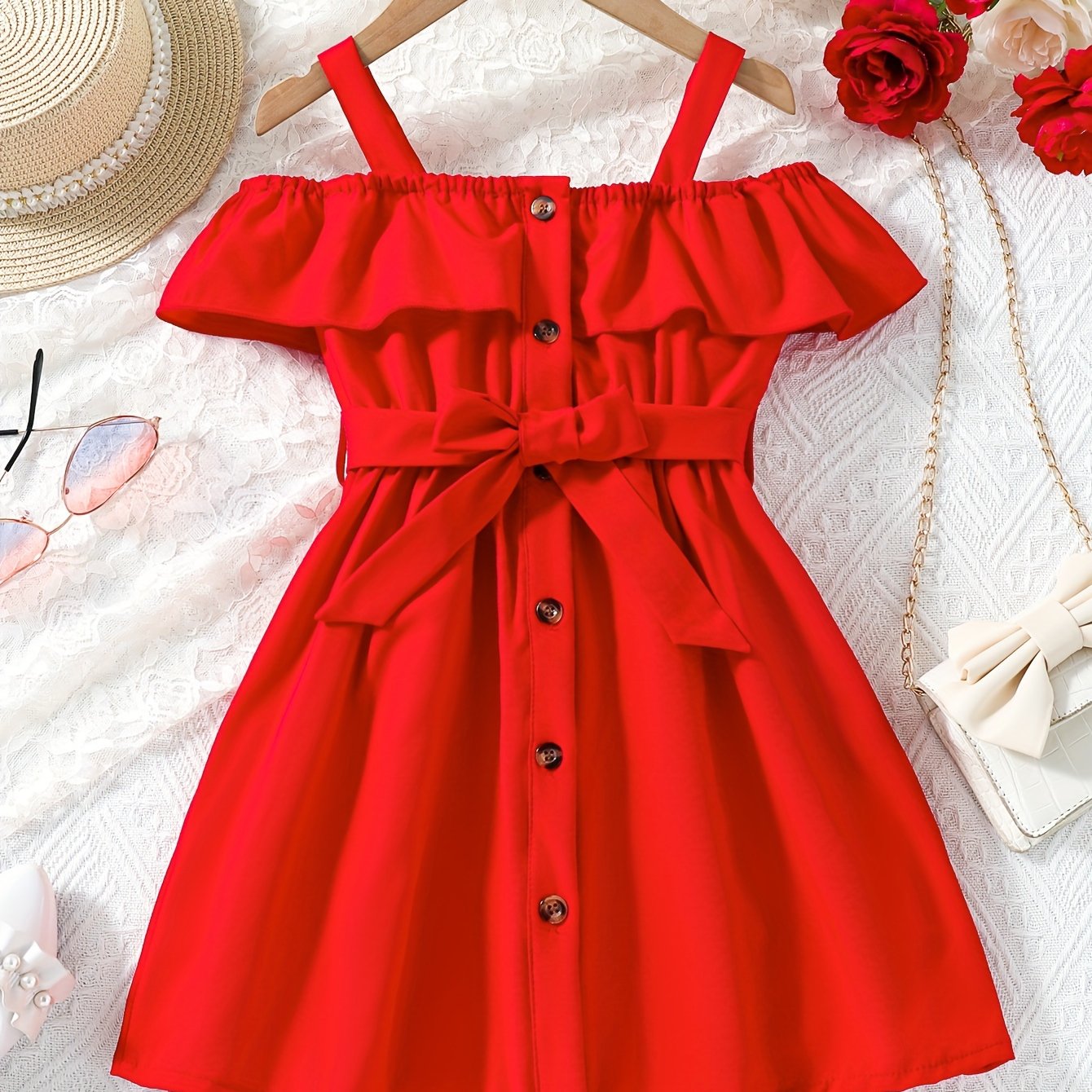 Toddler Girls Ruffle Trim Cold Shoulder Button Belted Princess Dress For Party Beach Vacation Kids Summer Clothes