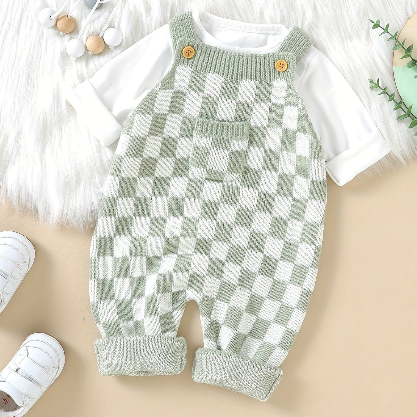 Kids' Knit Checkerboard Overalls with Cute Front Pocket - Cozy Acrylic, Stretchy, All-Season Wear for Boys and Girls, Casual Style, Perfect for Outdoor Wear, Perfect for Outdoor