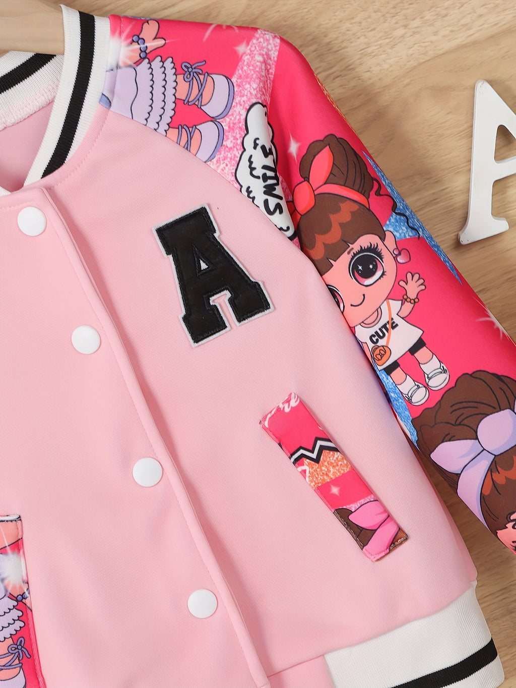 Girls' Pink & White Baseball Jacket - Lightweight Fall Outerwear, Button-Front Closure, Cute Anime-like Characters, Playful Design, Durable Fabric, Cartoon Print, Easy Care, Childrens Wear, Schoolage Kids, Girls' Casual Coat,