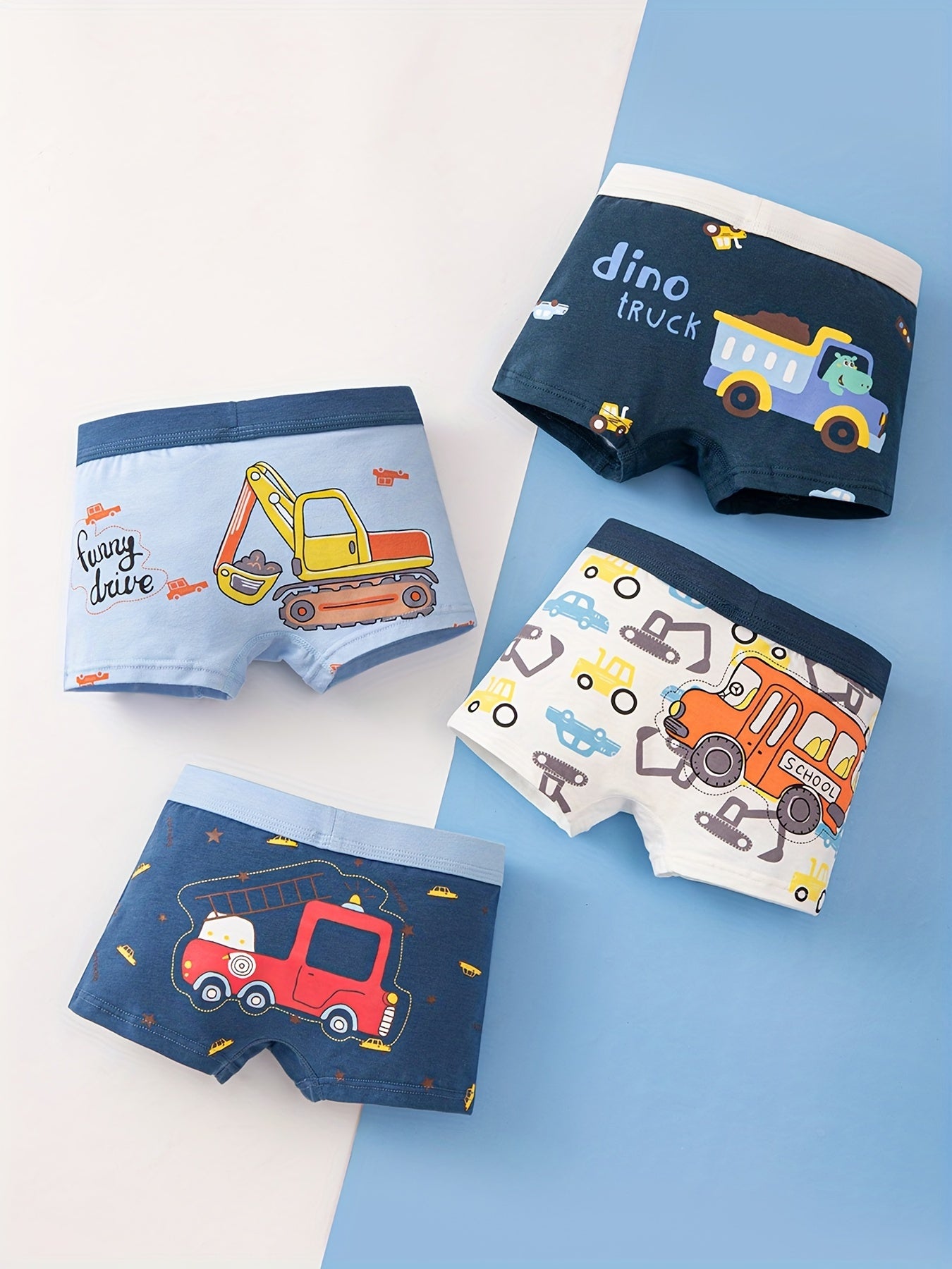 4pcs Comfy Cartoon Excavator Truck Print Boy's Cotton Boxer Briefs - Soft, Breathable, Elastic Waist, Fun Design - Perfect for Active Kids, Casual Daily Wear, Soft Underwear for Sensitive Skin