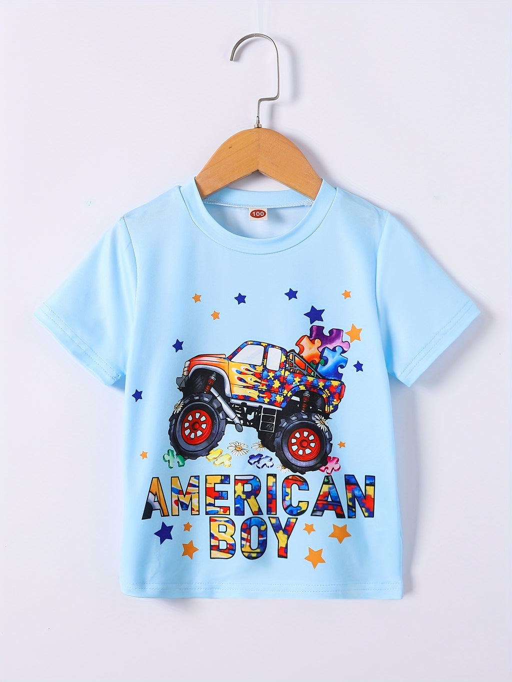 Boys Independence Day Car Print Boys Creative T-shirt, Casual Lightweight Comfy Short Sleeve Crew Neck Tee Tops, Kids Clothings For Summer