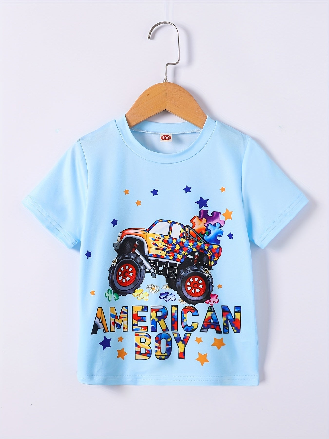 Boys Independence Day Car Print Boys Creative T-shirt, Casual Lightweight Comfy Short Sleeve Crew Neck Tee Tops, Kids Clothings For Summer