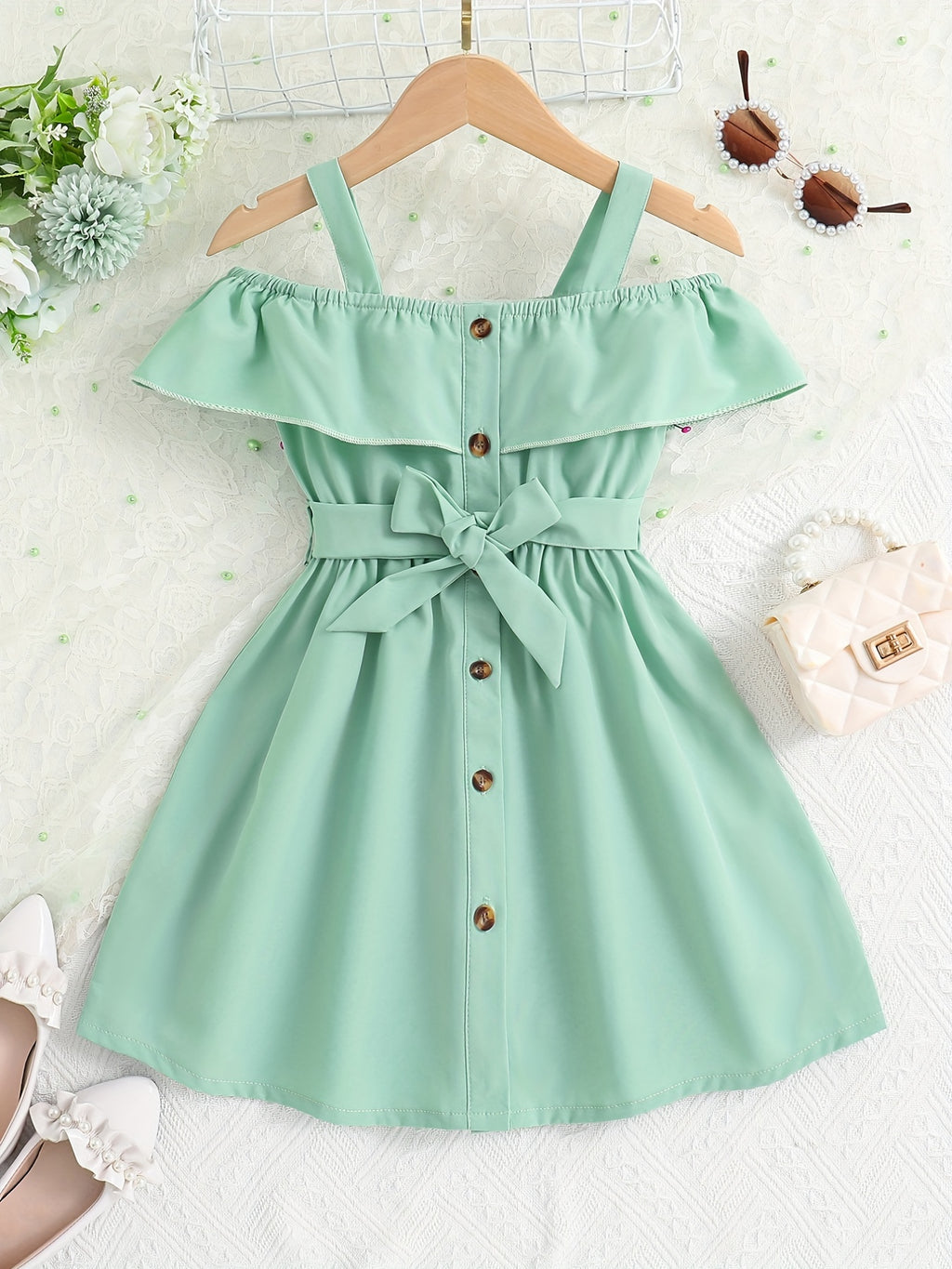 Toddler Girls Ruffle Trim Cold Shoulder Button Belted Princess Dress For Party Beach Vacation Kids Summer Clothes