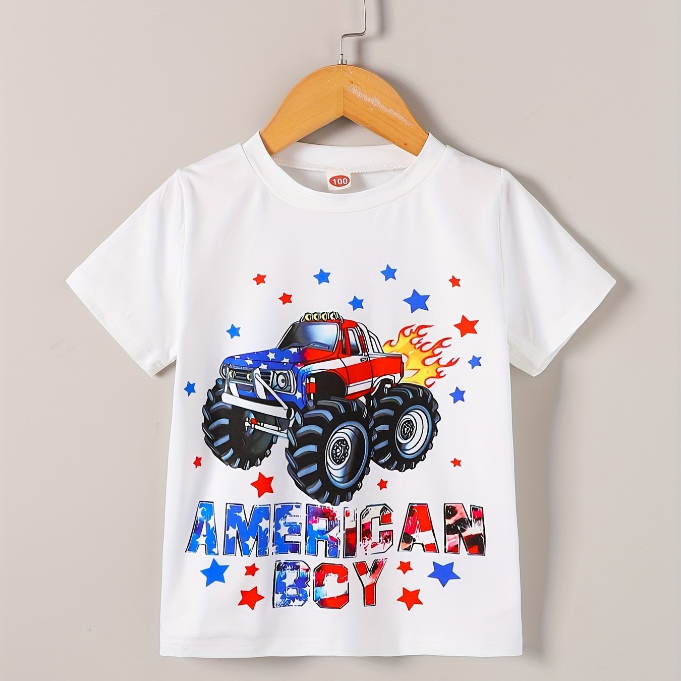 Boys Independence Day Car Print Boys Creative T-shirt, Casual Lightweight Comfy Short Sleeve Crew Neck Tee Tops, Kids Clothings For Summer