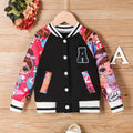 Girls' Pink & White Baseball Jacket - Lightweight Fall Outerwear, Button-Front Closure, Cute Anime-like Characters, Playful Design, Durable Fabric, Cartoon Print, Easy Care, Childrens Wear, Schoolage Kids, Girls' Casual Coat,