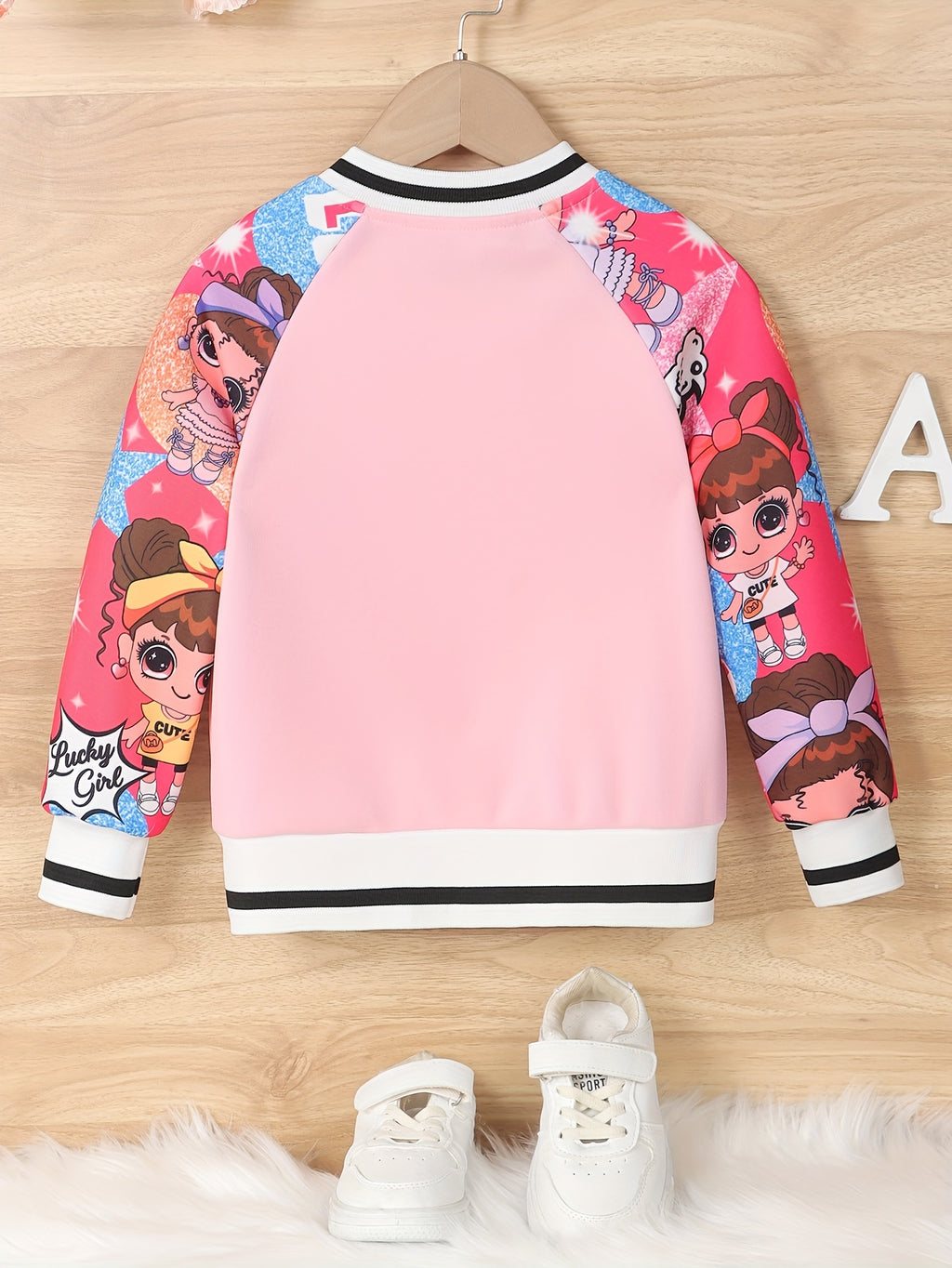 Girls' Pink & White Baseball Jacket - Lightweight Fall Outerwear, Button-Front Closure, Cute Anime-like Characters, Playful Design, Durable Fabric, Cartoon Print, Easy Care, Childrens Wear, Schoolage Kids, Girls' Casual Coat,