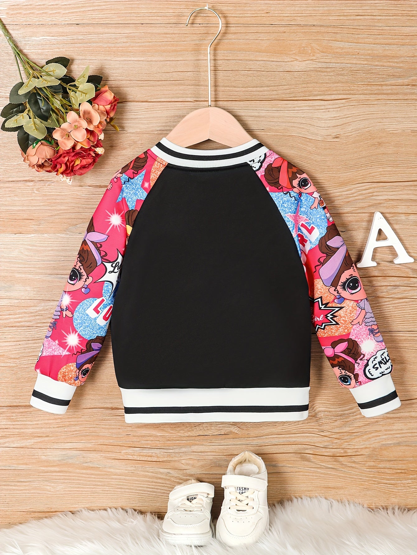 Girls' Pink & White Baseball Jacket - Lightweight Fall Outerwear, Button-Front Closure, Cute Anime-like Characters, Playful Design, Durable Fabric, Cartoon Print, Easy Care, Childrens Wear, Schoolage Kids, Girls' Casual Coat,