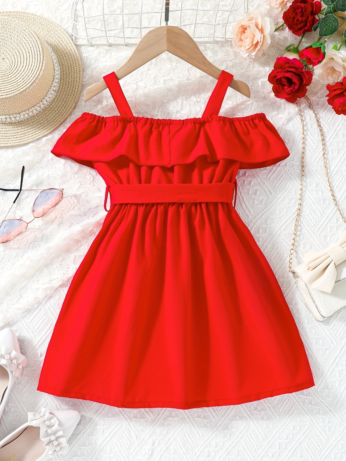 Toddler Girls Ruffle Trim Cold Shoulder Button Belted Princess Dress For Party Beach Vacation Kids Summer Clothes