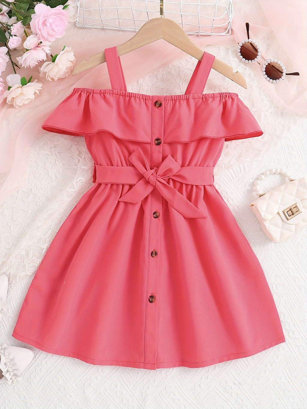 Toddler Girls Ruffle Trim Cold Shoulder Button Belted Princess Dress For Party Beach Vacation Kids Summer Clothes