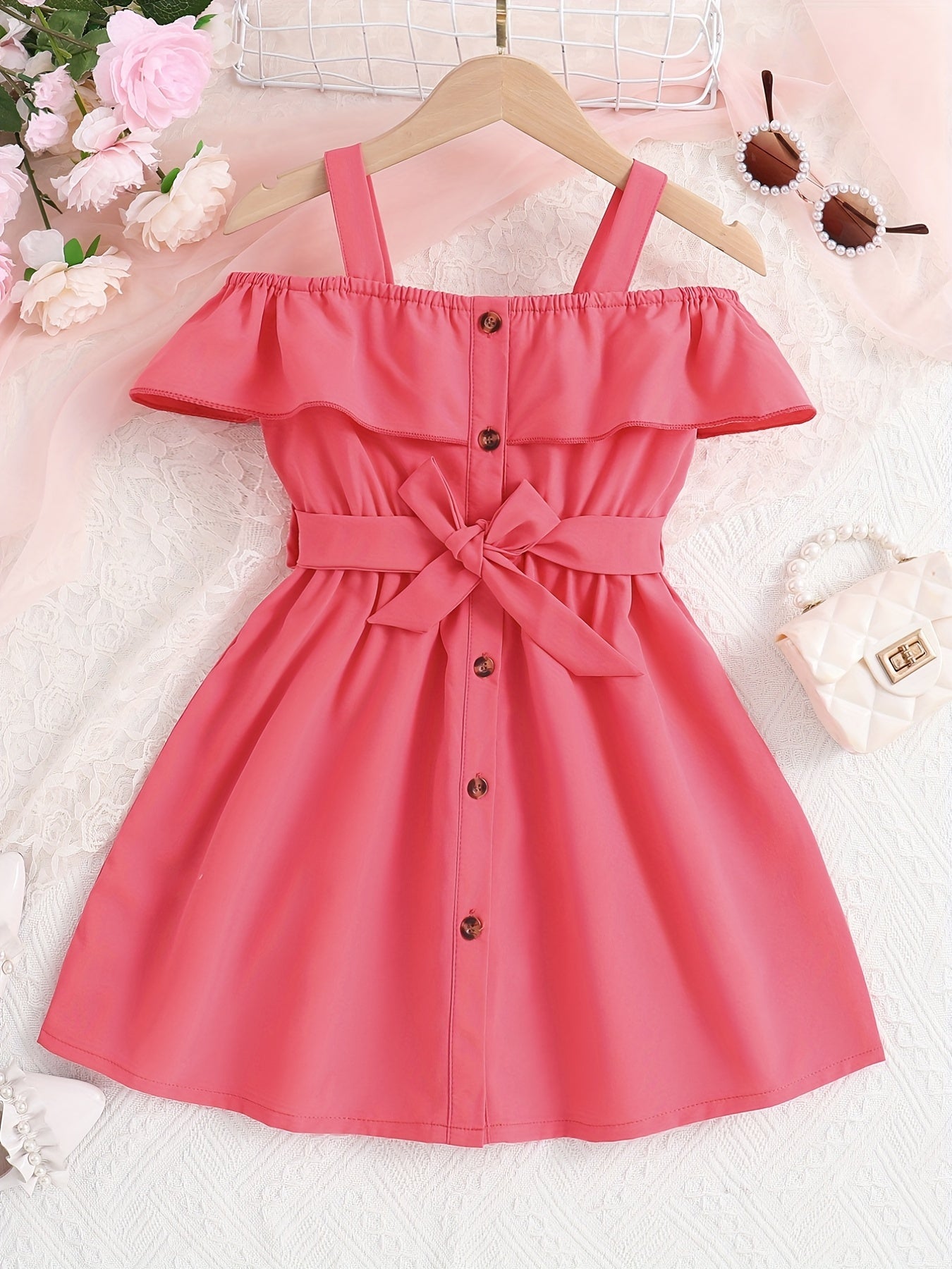 Toddler Girls Ruffle Trim Cold Shoulder Button Belted Princess Dress For Party Beach Vacation Kids Summer Clothes