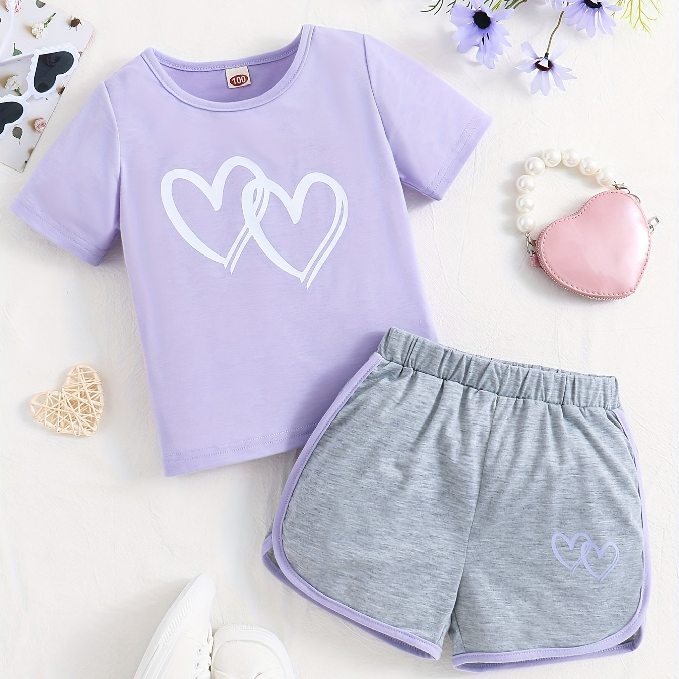Buy 1 Get 1 Free, total of 2 pcs Adorable Toddler Girls' Heart Graphic Tees - Casual Round Neck, Contrast Binding, Breathable Fabric, Comfortable Fit - Summer Outfit, Track Shorts, Kids' Wardrobe Essential