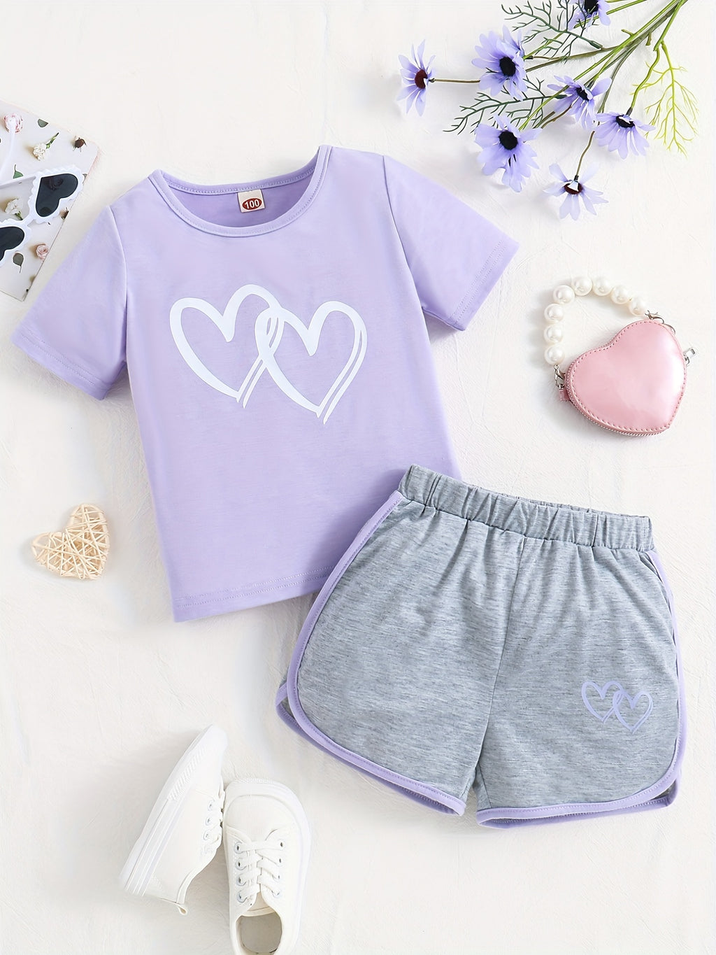 Buy 1 Get 1 Free, total of 2 pcs Adorable Toddler Girls' Heart Graphic Tees - Casual Round Neck, Contrast Binding, Breathable Fabric, Comfortable Fit - Summer Outfit, Track Shorts, Kids' Wardrobe Essential
